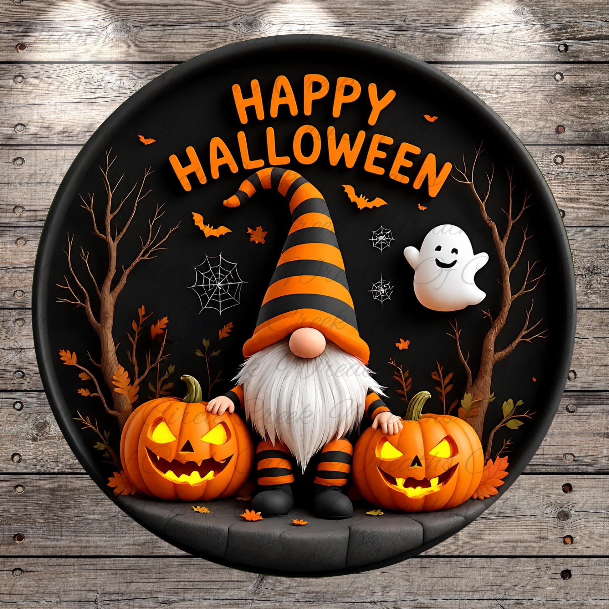 A Halloween-themed graphic featuring a gnome, two jack-o'-lanterns, a ghost, and a spider web against a dark background with the text "HAPPY HALLOWEEN".