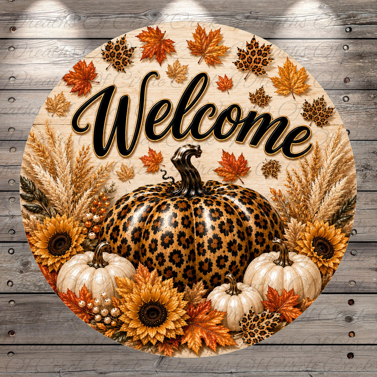 A round wooden sign with a leopard print pumpkin and autumn leaves, surrounded by white pumpkins and sunflowers. The word "Welcome" is written in cursive above the pumpkin.