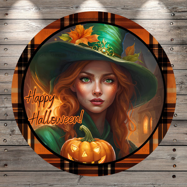 Halloween Witch, Green, Happy Halloween, Plaid Border, Light Weight, Metal Wreath Sign, No Holes In Sign