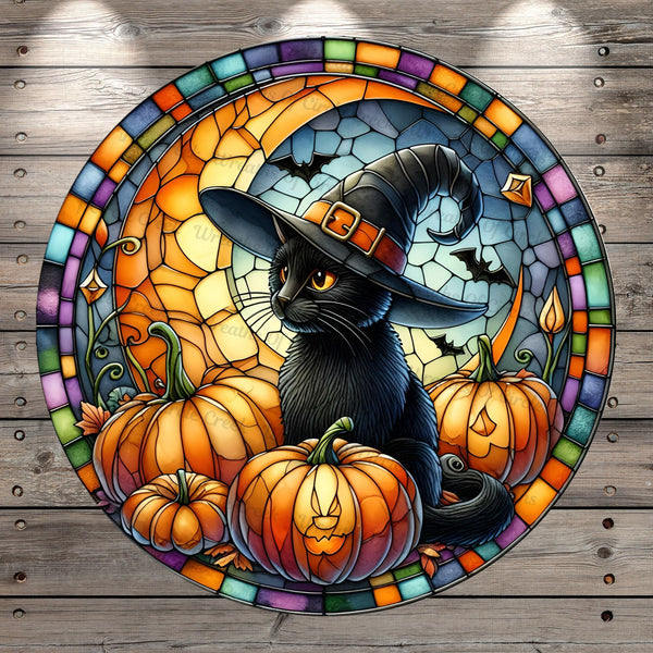 Black Cat, Witch Hat, Halloween, Stain Glass Print, Round, Light Weight, Metal Wreath Sign, No Holes In Sign