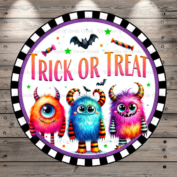 Three Monsters, Trick Or Treat, Black And White Border, Round, Light Weight, Metal Wreath Sign, No Holes In Sign