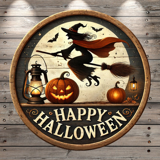 Flying Witch, Happy Halloween, Rustic, Round, Light Weight, Metal Wreath Sign, No Holes In Sign