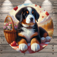 Greater Swiss Mountain Dog, Puppy, Hearts, Valentines, Florals, Mountains, Whimsical, Round, Light Weight, Metal Wreath Sign, No Holes UV Coated