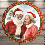 African American, Santa Clause and Mrs. Clause, Merry Christmas, Red, Gold, Round, Light Weight, Metal Wreath Sign, No Holes