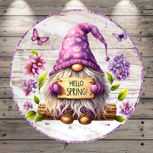 Hello Spring, Gnome, Florals, Butterflies, Spring, Purple, Pink, Lightweight, Metal Wreath Sign, No Holes in Sign