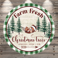 Brown Bear, Merry Christmas, Santa Bear, Green Plaid, Farm Fresh, Christmas Trees, Winter, Round, Light Weight, Metal Wreath Sign, No Holes