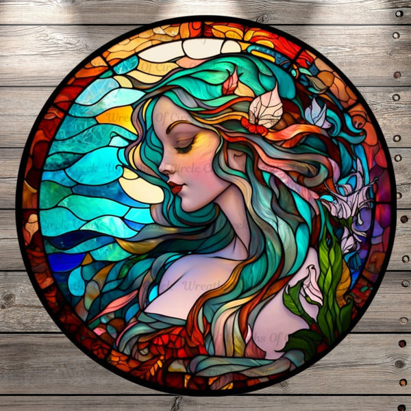 Mermaid With Florals, Stain Glass Print, Light Weight, Metal Wreath Sign, No Holes
