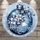 Blue, Silver, Merry Christmas, Large Ornament, Glitter Diamonds, Lightweight, Round, Metal, Wreath Sign, No Holes In Sign