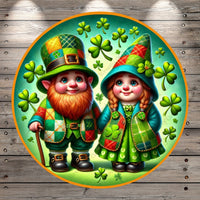 Happy St. Patrick's Day, Couple, Inspirational, Leprechauns, Vintage, Patchwork, Shamrocks, Round, Lightweight, Metal, Wreath Sign, No Holes