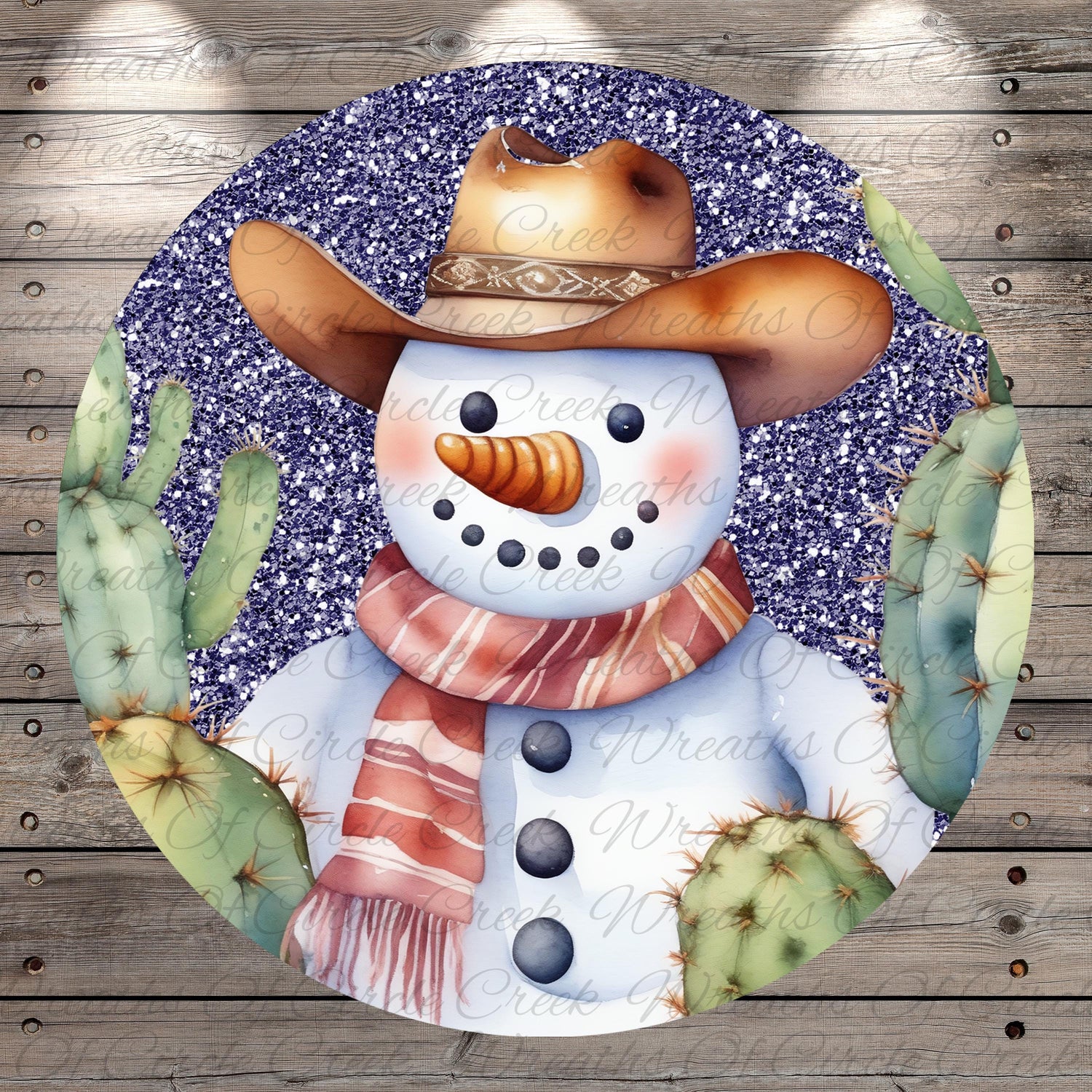 A snowman wearing a cowboy hat and scarf, surrounded by cacti, is depicted in the image.