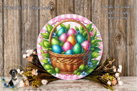 A round decorative plate with a basket filled with colorful Easter eggs, surrounded by a floral arrangement and placed on a wooden surface.