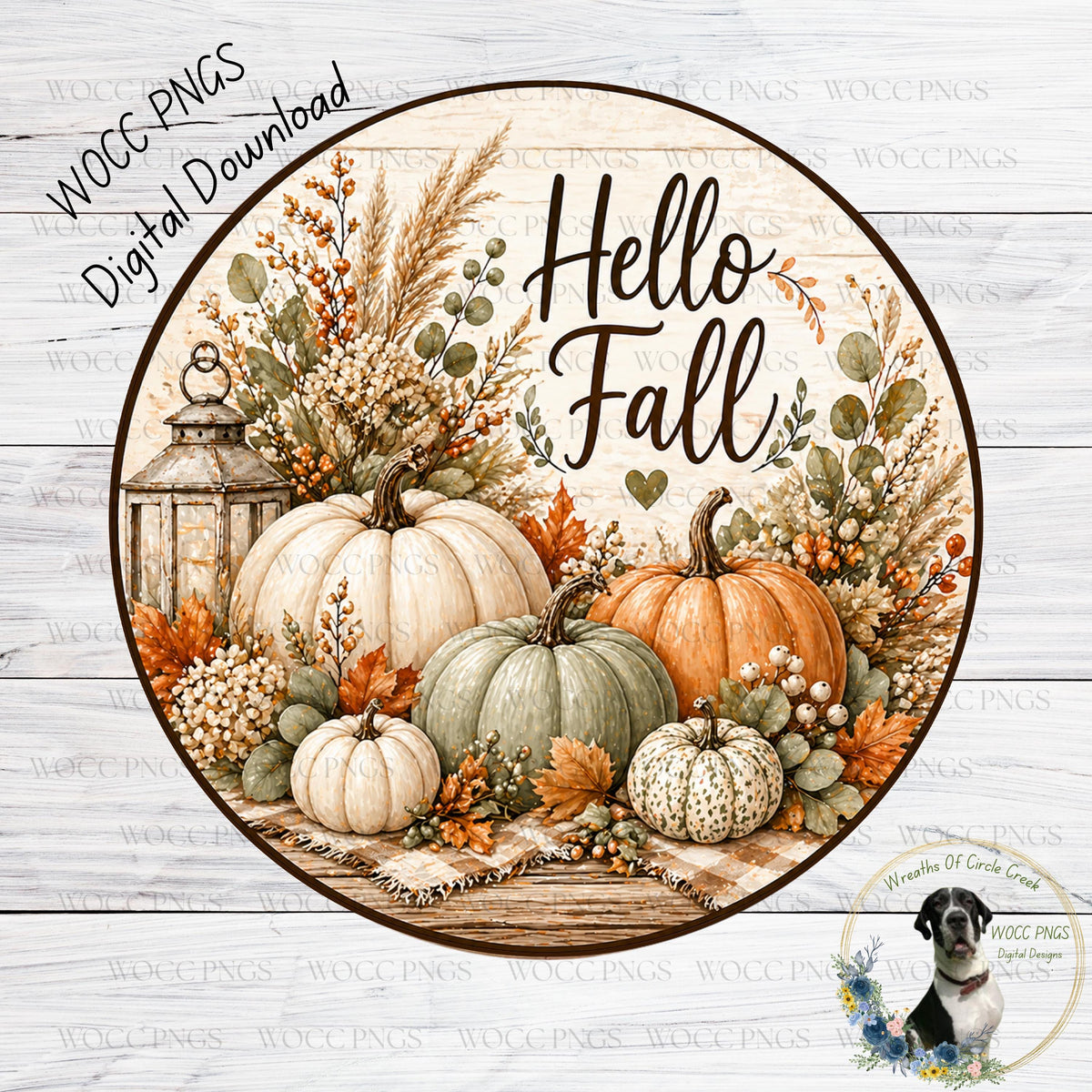 The image is a circular arrangement of various fall-themed elements, including pumpkins, leaves, and a lantern, set against a wooden background. The text "Hello Fall" is prominently displayed in the center of the image.