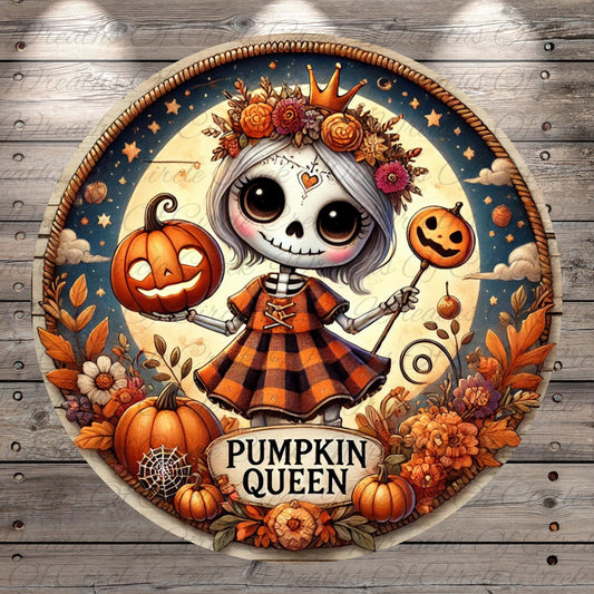 A whimsical illustration of a skeleton girl dressed as a queen, surrounded by autumnal elements such as pumpkins, flowers, and a full moon.