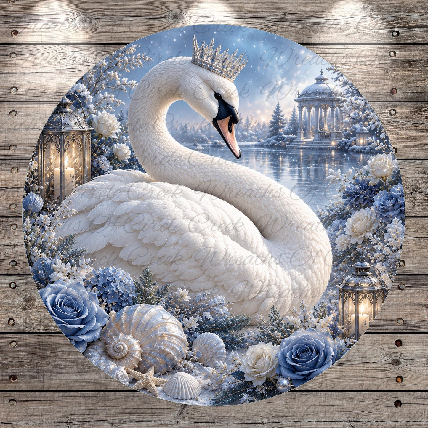 A large white swan wearing a crown, surrounded by a snowy landscape with a gazebo and lanterns, and various flowers and seashells.