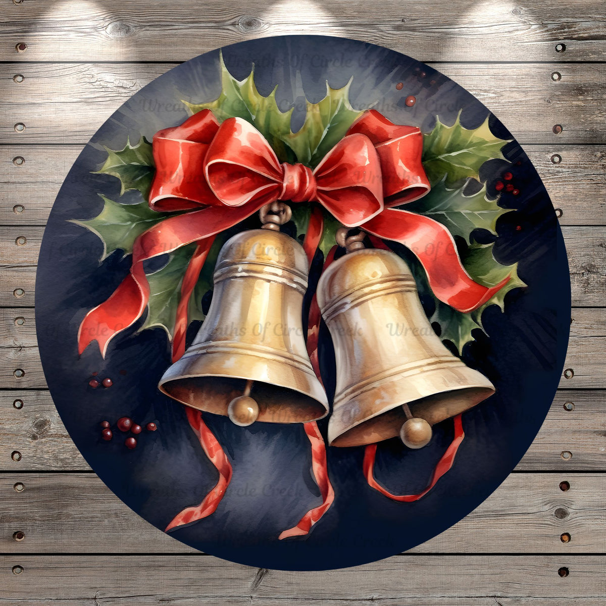Christmas Bells, Red Bow, Welcome, Wreath Sign, No Holes, Round UV Coated, Metal