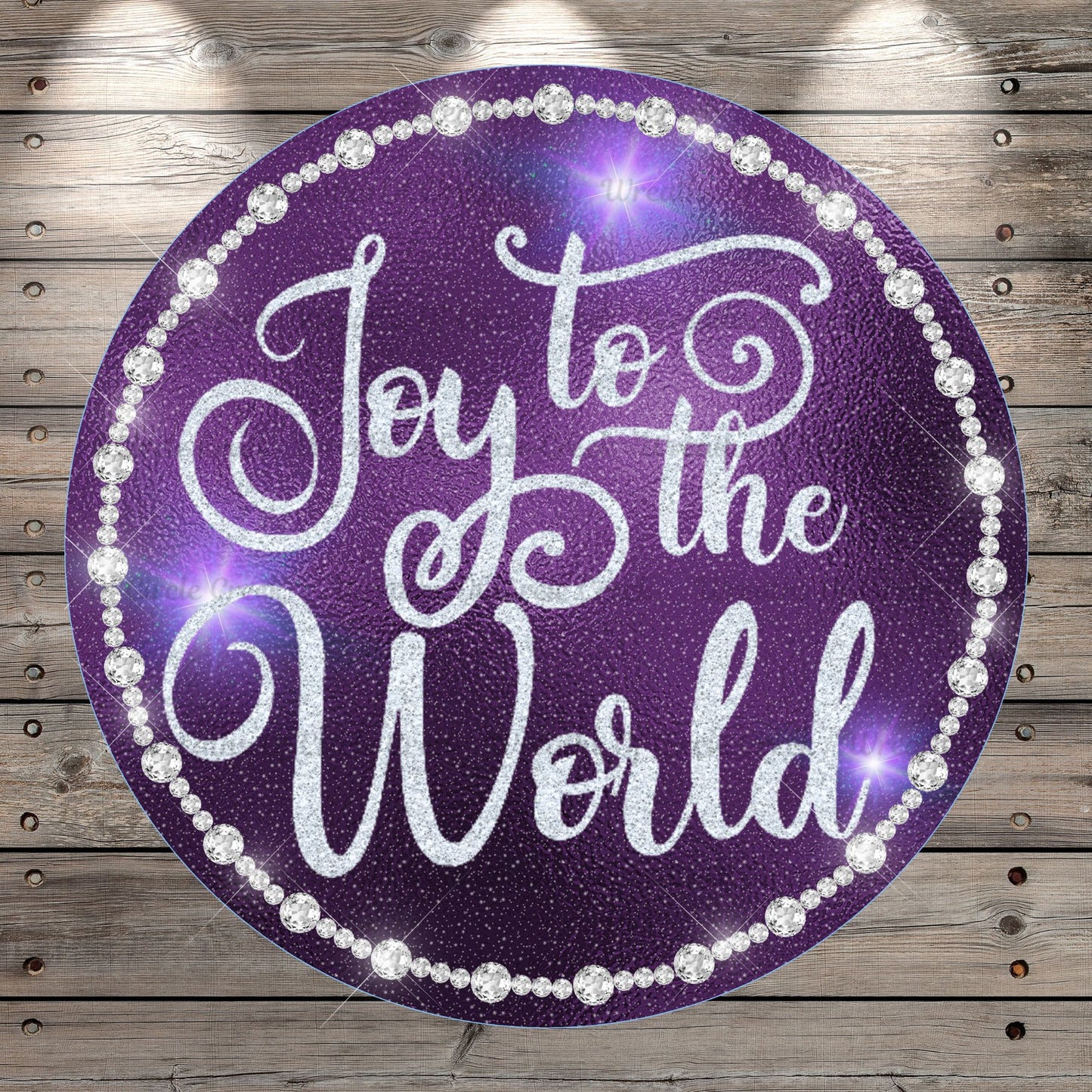 Joy to the World, Purple and Silver, Wreath Sign, No Holes, Round UV Coated, Metal