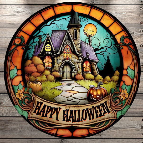 Halloween Scene, Happy Halloween, Stained Glass Print, Round UV Coated, Metal Sign, No Holes
