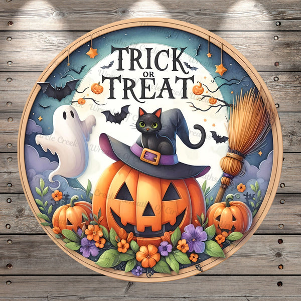 Trick Or Treat, Witch, Jack O Lantern, Ghost, Black Cat, Light Weight, Metal, Wreath Sign, No Holes In Sign