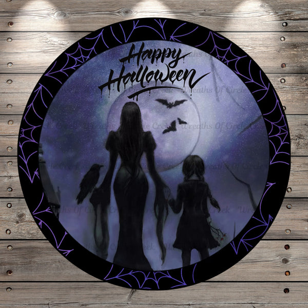 Halloween, Wednesday, Purple, Black, Spiderweb, Wreath Sign, Spooky, Round UV Coated, Metal Sign, No Holes
