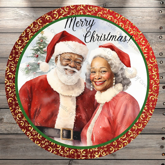 African American, Santa Clause and Mrs. Clause, Merry Christmas, Red, Gold, Round, Light Weight, Metal Wreath Sign, No Holes In Sign