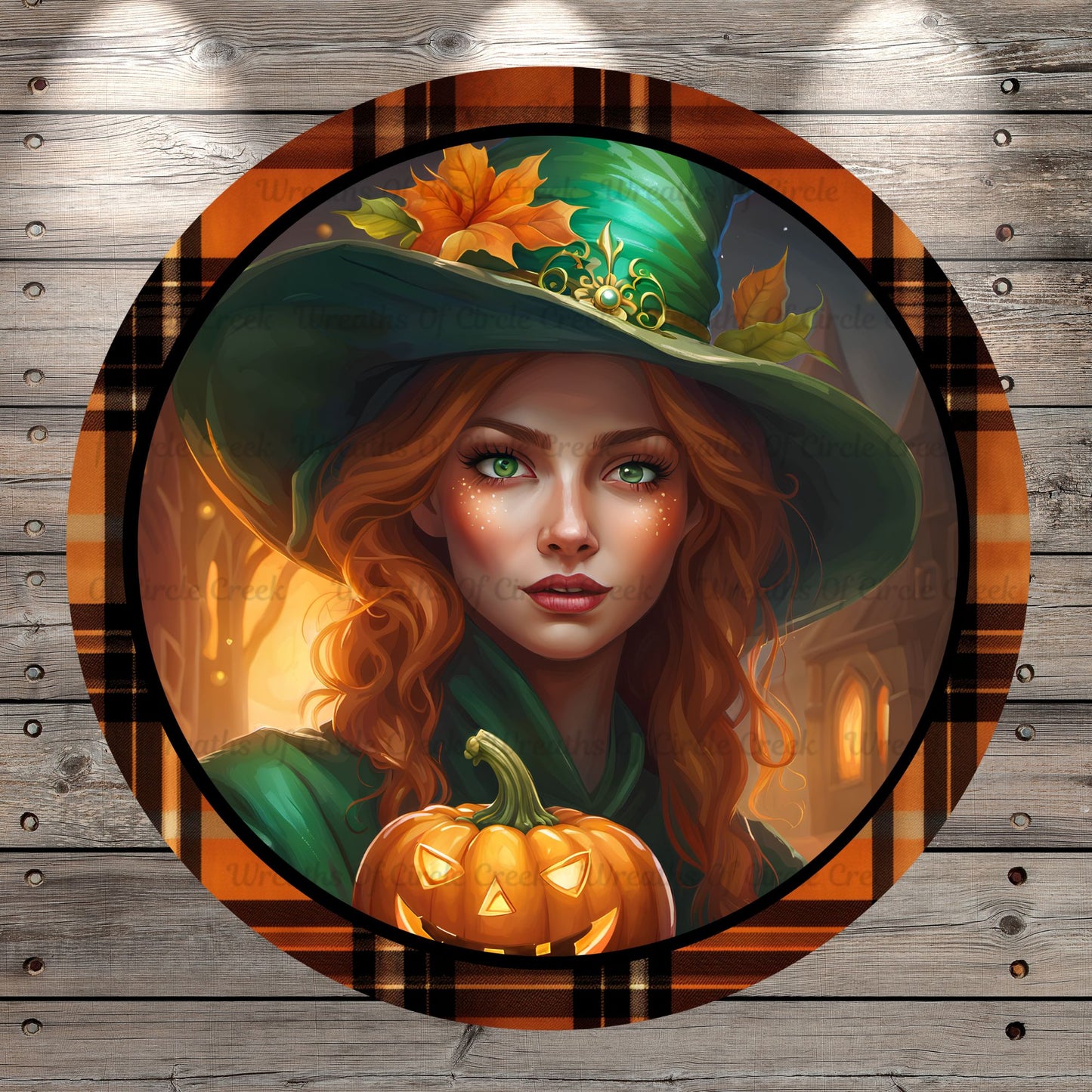 Halloween Witch, Green, Happy Halloween, Plaid Border, Light Weight, Metal Wreath Sign, No Holes In Sign