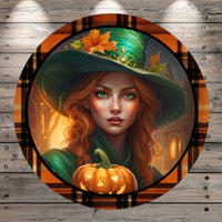 Halloween Witch, Green, Happy Halloween, Plaid Border, Round UV Coated, Metal Sign, No Holes