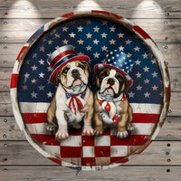 Patriotic, Bull Dogs, American, Top Hat, Flags, Stars, Round, Lightweight, Metal, Wreath Sign, No Holes In Sign