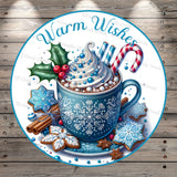 Blue, Hot Cocoa, Warm Wishes, Christmas Sweet Treats, Lightweight, Round, Metal, Wreath Sign, No Holes In Sign