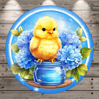 Spring, Yellow Chick, Blue Florals, Round, Light Weight, Metal Wreath Sign, No Holes in Sign