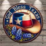 God Bless Texas, Cowboy Hat, Blue Bonnets, Rustic, Round, Light Weight, Metal Wreath Sign, No Holes In Sign