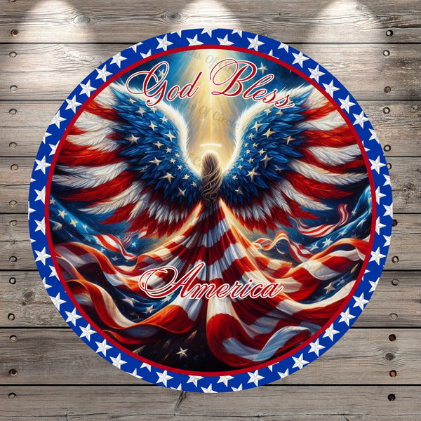 Patriotic Angel, God Bless America, Whimsical, Stars, Light Weight, Metal Wreath Sign, No Holes In Sign
