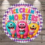 three colorful, cartoonish monster characters holding ice cream cones and smiling.
