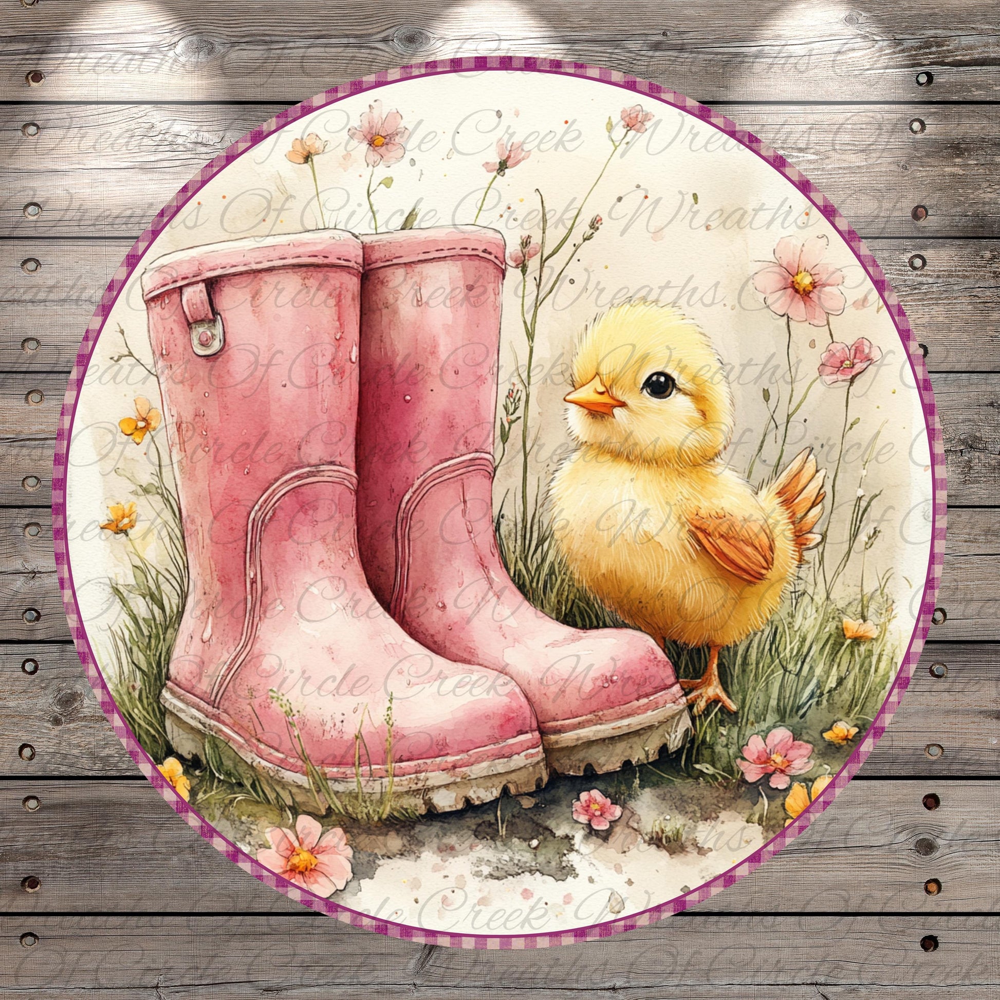 A small yellow chick pecking at the ground next to a pair of pink rain boots, surrounded by flowers and grass.