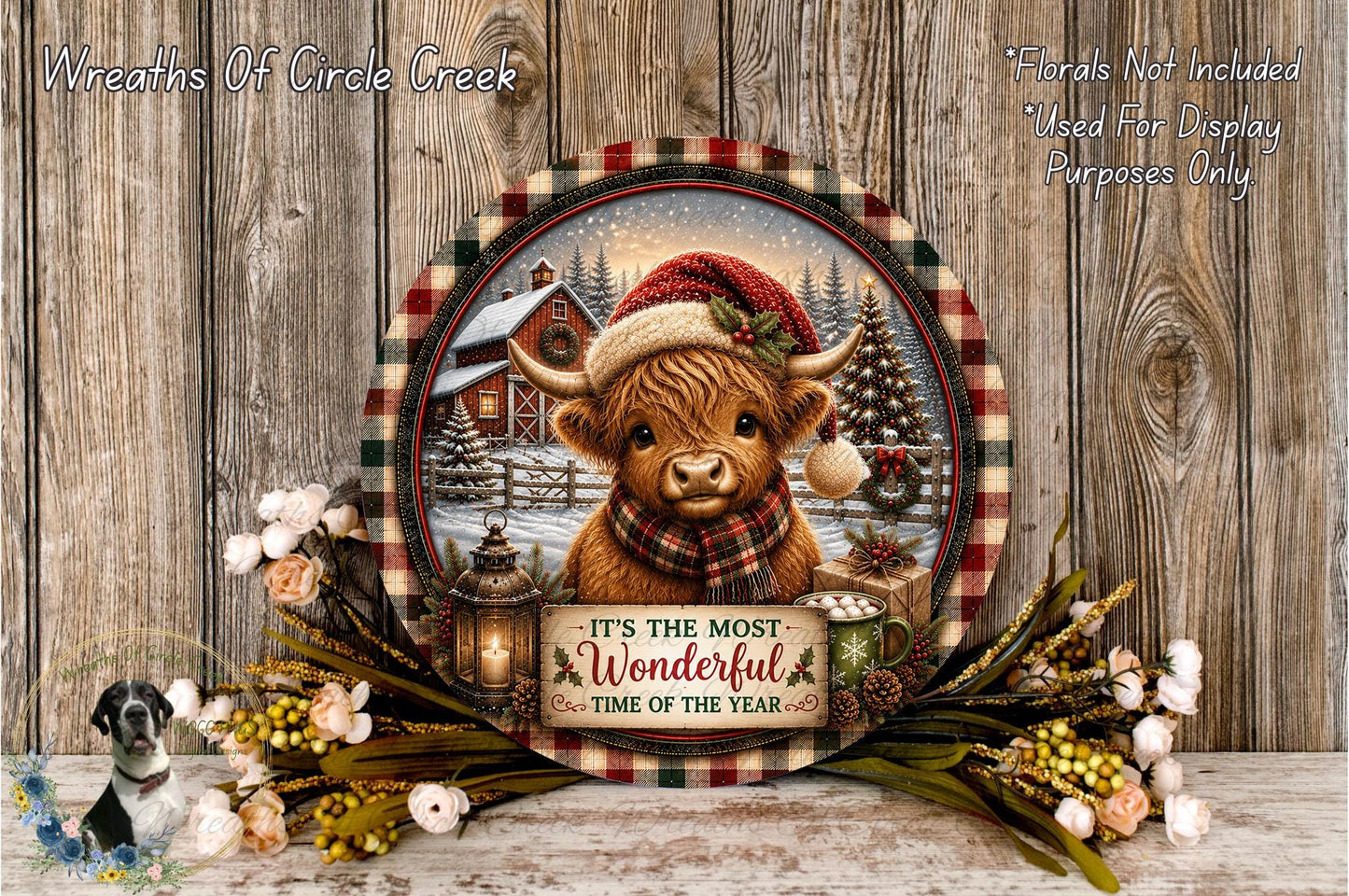 A decorative plate featuring a cow wearing a Santa hat, surrounded by a wreath of flowers and a sign that reads "It's the most Wonderful Time of the Year".