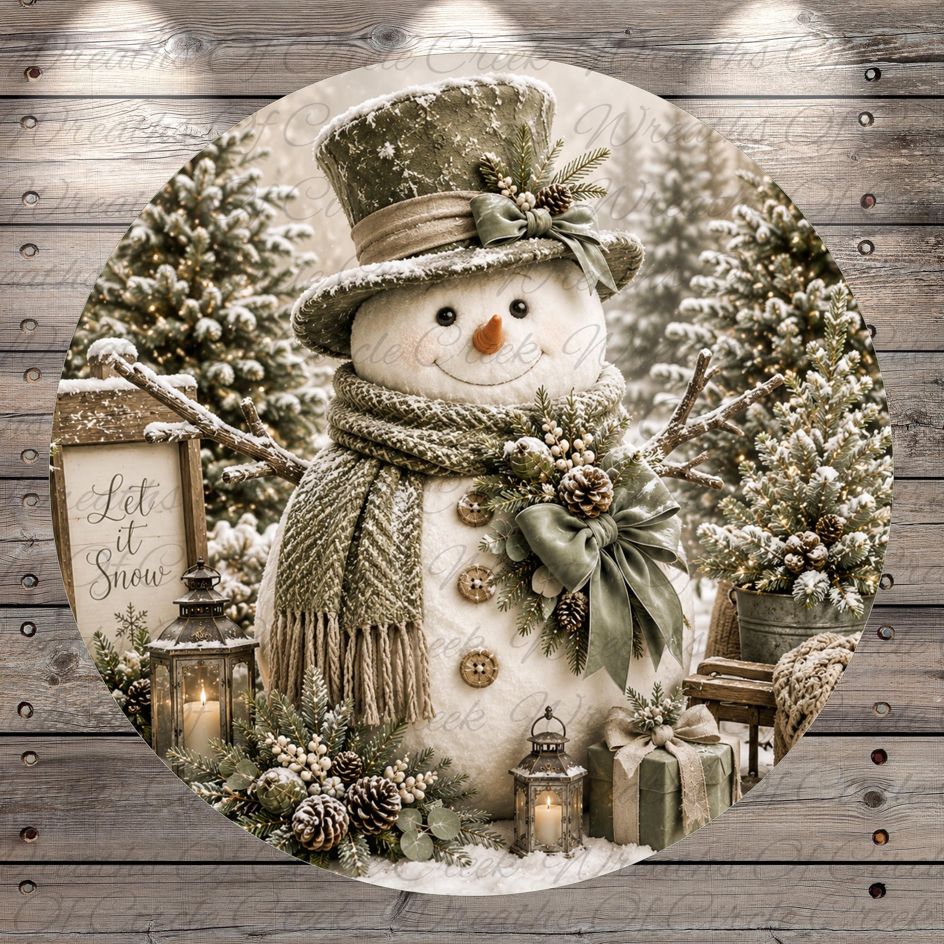 A snowman wearing a top hat and scarf, surrounded by Christmas decorations and gifts, stands in a snowy forest setting.