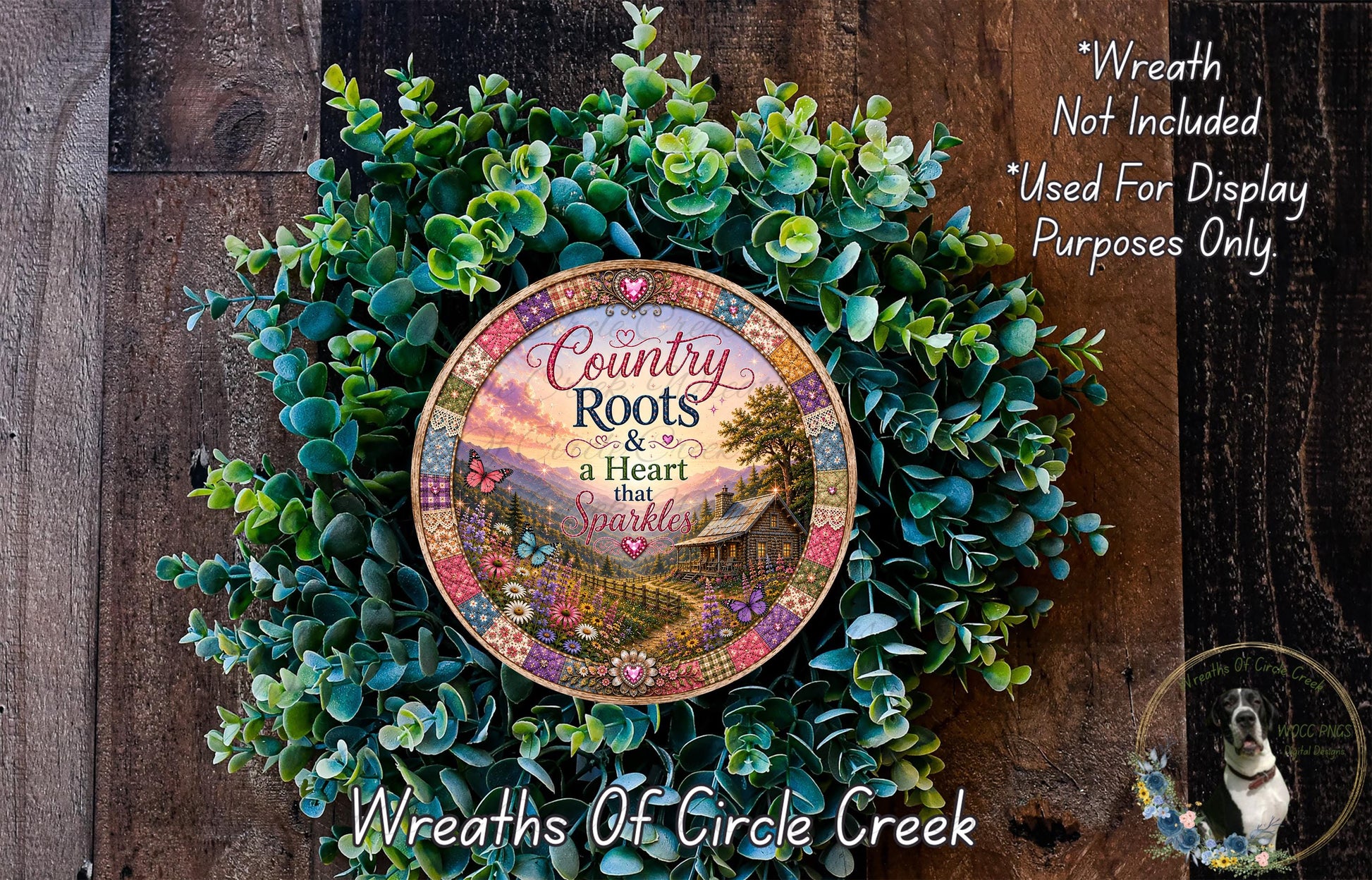 a wreath made of various green plants and flowers, with a decorative plate in the center displaying the text "Country Roots & a Heart that sparkles".