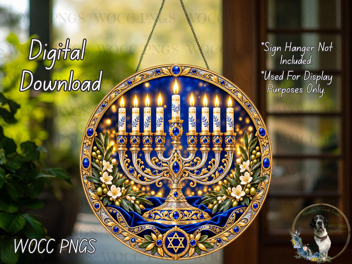 The image is a digital download of a Hanukkah-themed stained glass piece featuring a menorah with lit candles, surrounded by blue and gold decorations.