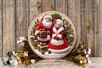 A festive Christmas wreath featuring Santa Claus and a woman, surrounded by holiday decorations such as pine cones, flowers, and a "Merry Christmas" banner.