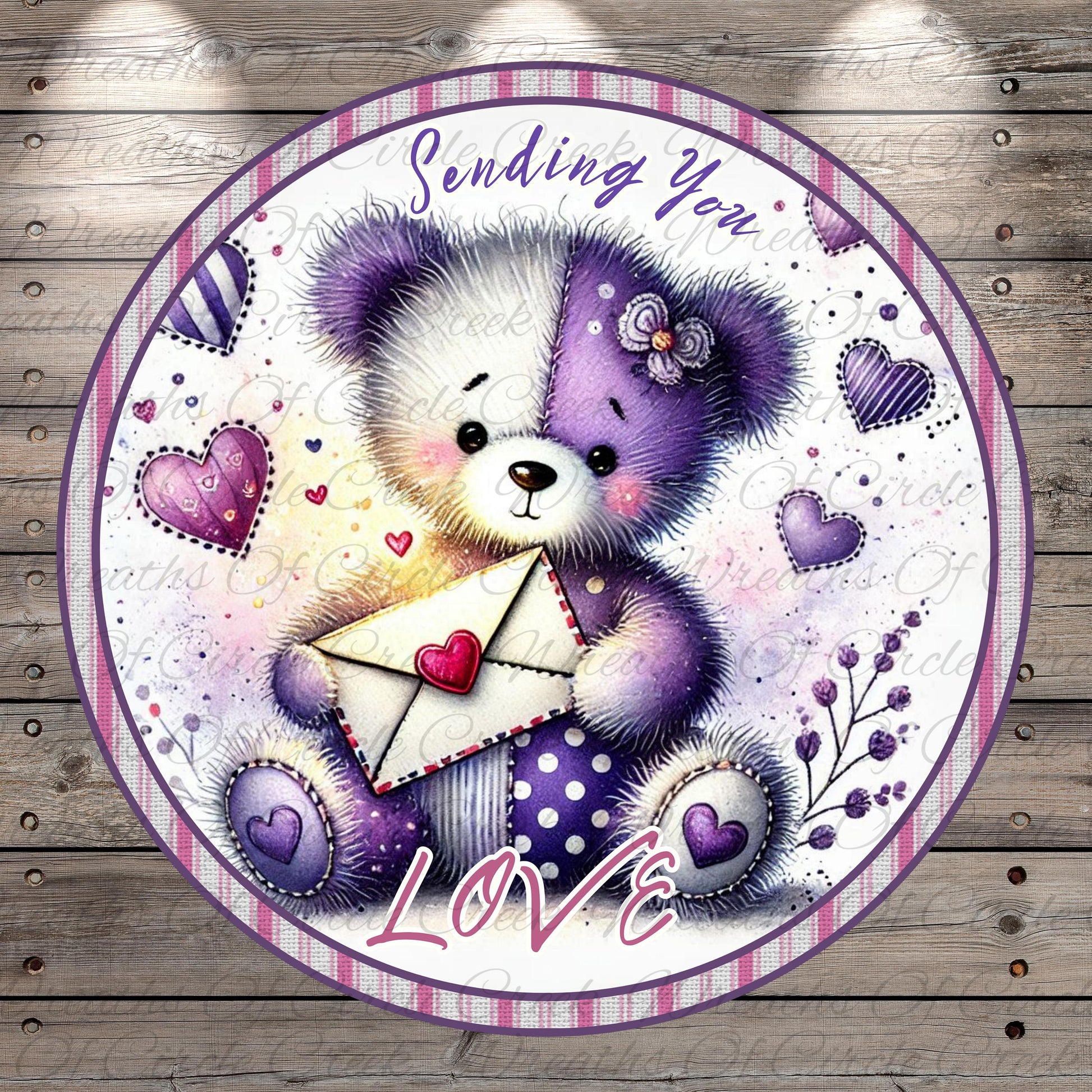 A teddy bear holding an envelope with a heart on it, surrounded by hearts and flowers, with the text "Sending You" and "Love" written around the image.