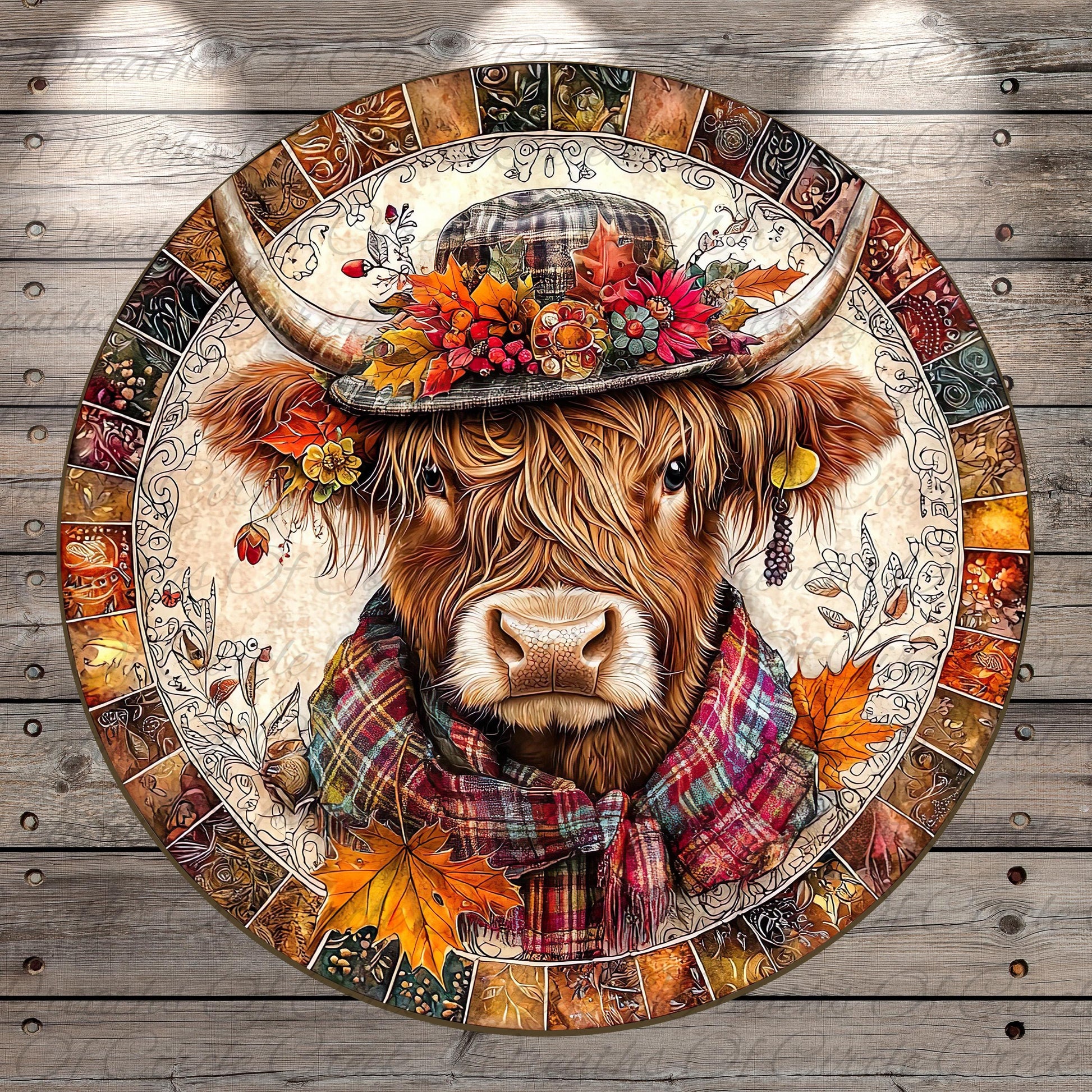 A detailed illustration of a cow wearing a hat with flowers and leaves, surrounded by autumn leaves and a plaid scarf.