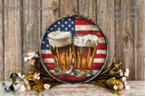 a round metal tray with an American flag design, surrounded by flowers and a beer glass.