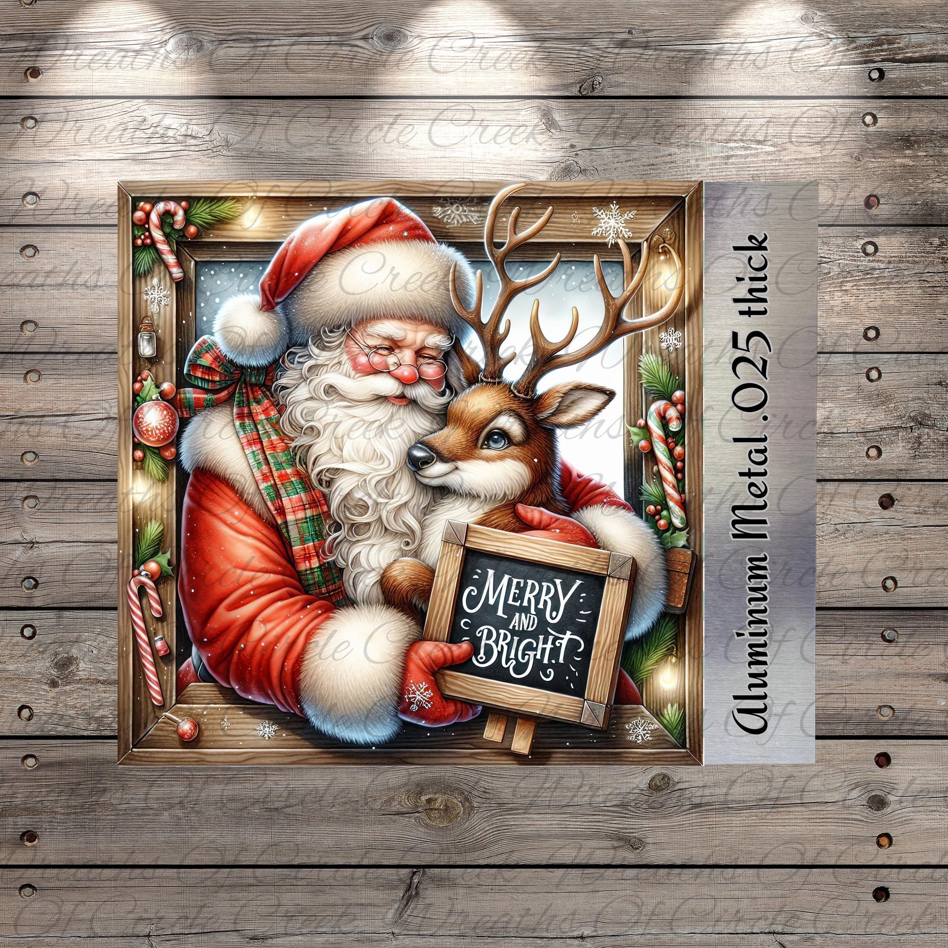 The image is a festive Christmas-themed illustration featuring Santa Claus holding a reindeer and a chalkboard sign that says "Merry and Bright".