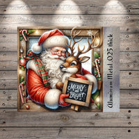 The image is a festive Christmas-themed illustration featuring Santa Claus holding a reindeer and a chalkboard sign that says "Merry and Bright".