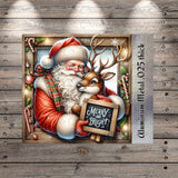 The image is a festive Christmas-themed illustration featuring Santa Claus holding a reindeer and a chalkboard sign that says "Merry and Bright".