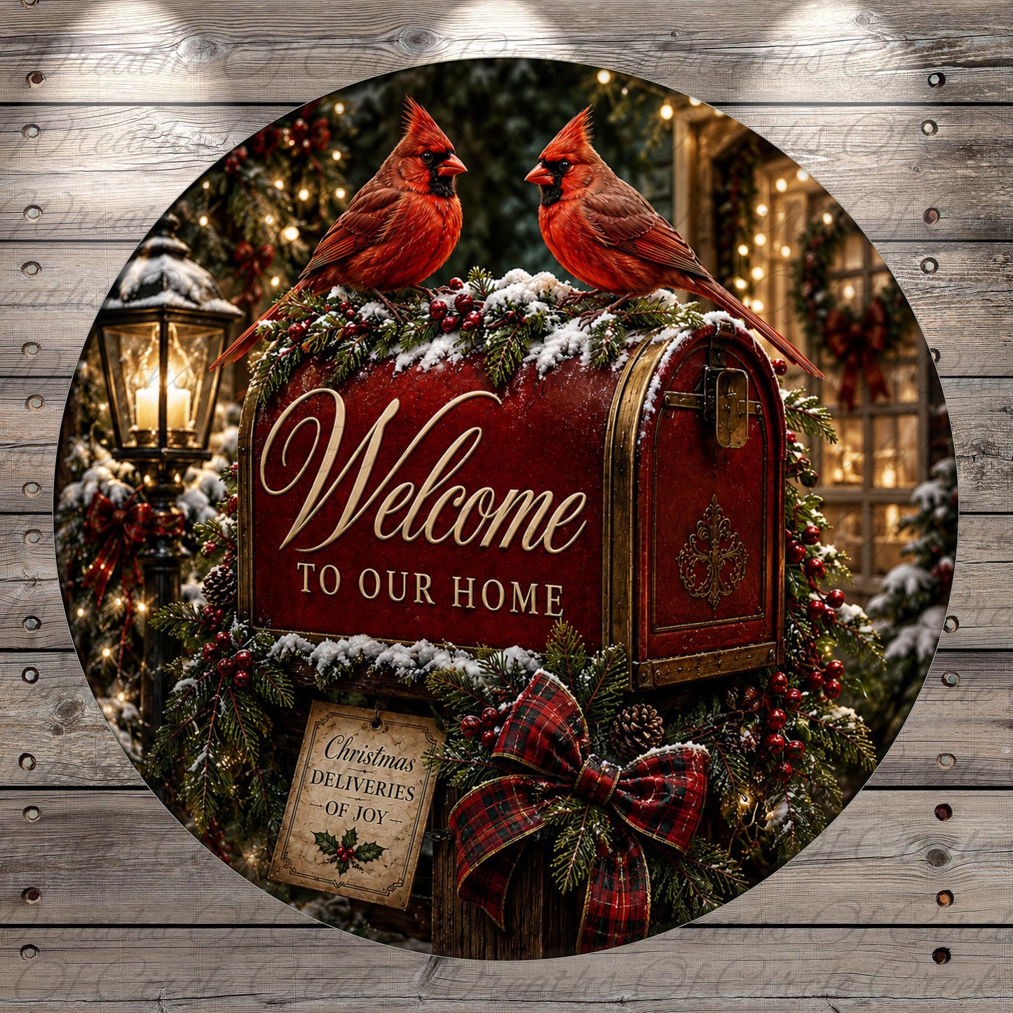 A red mailbox with a "Welcome to our Home" sign, surrounded by a wreath of pine cones and berries, with two red cardinals perched on top. The mailbox is set against a backdrop of Christmas decorations, including a lantern and twinkling lights.