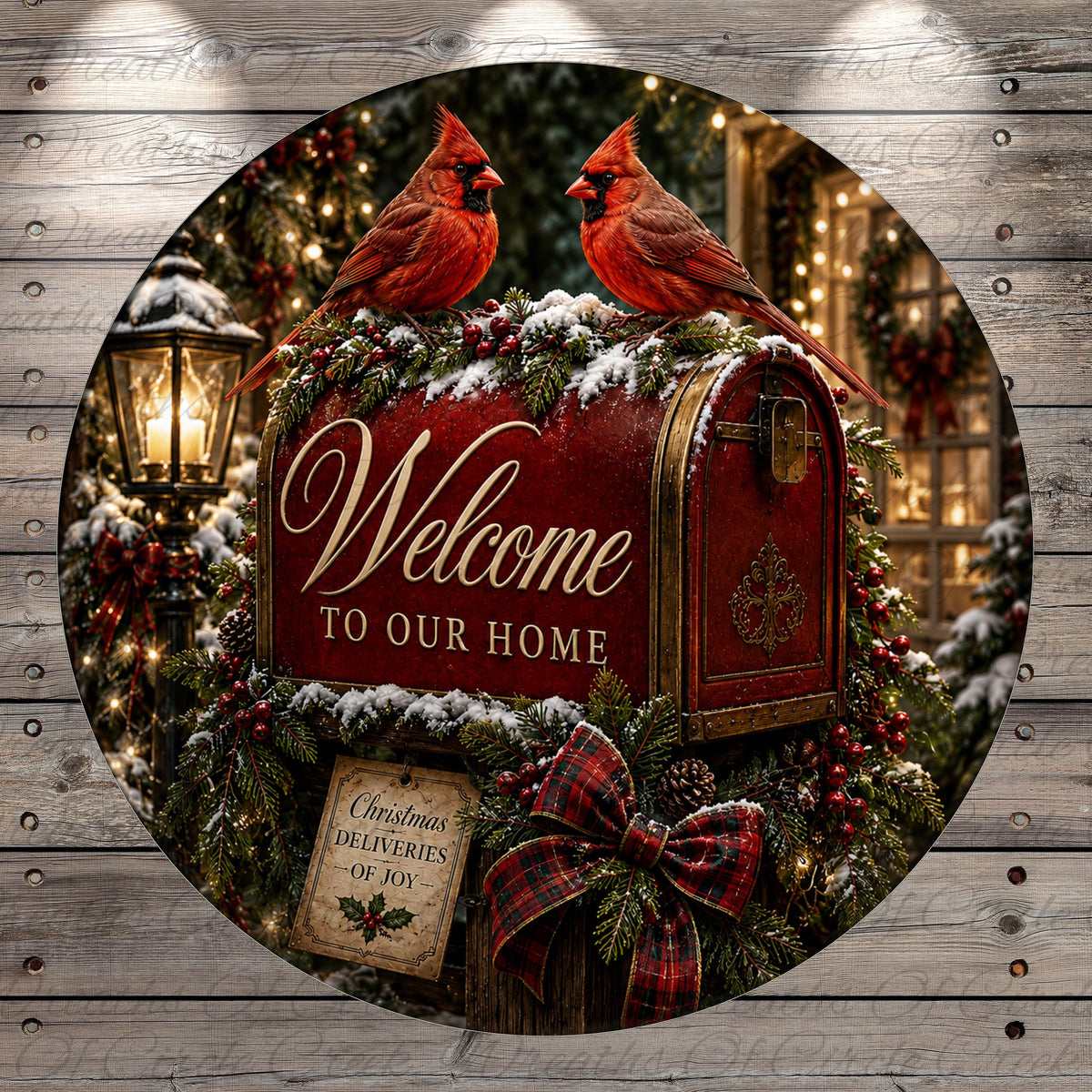 A red mailbox with a "Welcome to our Home" sign, surrounded by a wreath of pine cones and berries, with two red cardinals perched on top. The mailbox is set against a backdrop of Christmas decorations, including a lantern and twinkling lights.