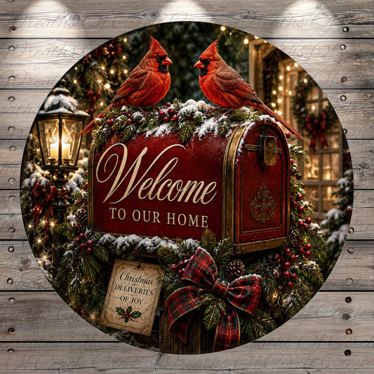 A red mailbox with a "Welcome to our Home" sign, surrounded by a wreath of pine cones and berries, with two red cardinals perched on top. The mailbox is set against a backdrop of Christmas decorations, including a lantern and twinkling lights.