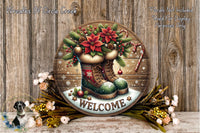 A circular wooden sign with a festive design, featuring a pair of boots, poinsettias, and a &quot;Welcome&quot; sign. The sign is surrounded by a wreath of flowers and a candy cane.