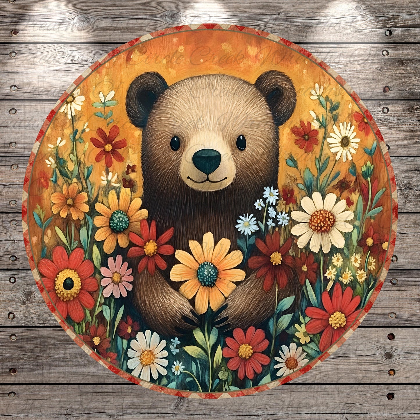 A large, round, and colorful painting of a bear surrounded by a variety of flowers and plants.