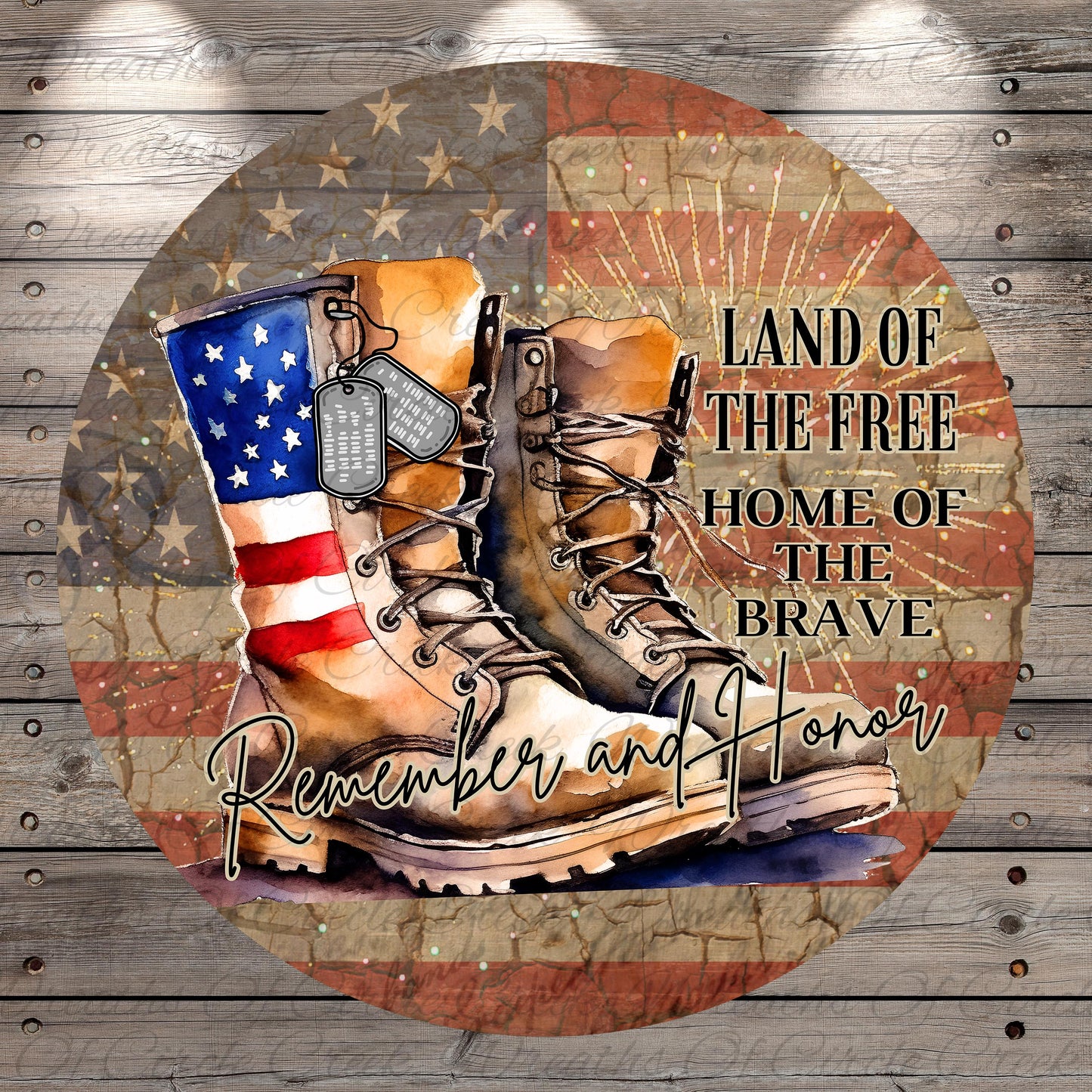a pair of combat boots with an American flag design, accompanied by the text "Land of the Free Home of the Brave" and "Remember and Honor".